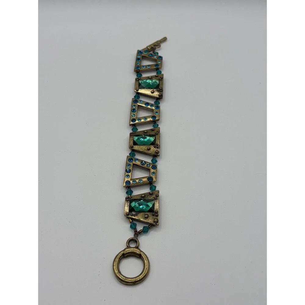 Sydney Andrews Green Crystal Brass Tone Geometric Bracelet and Earring Set